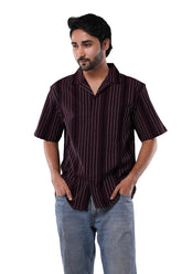 Bordeaux Maroon 66% Cotton 30% Poly 4% Elastane Cuban Collar Shirt | Jacquard Stripe Half Sleeve Shirt for Men