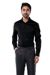 Onyx Black 98% Cotton 2% Elastane Full Sleeve Formal Shirt for Men | Tangible Luxe Satin Finish Classic Fit Black Shirt