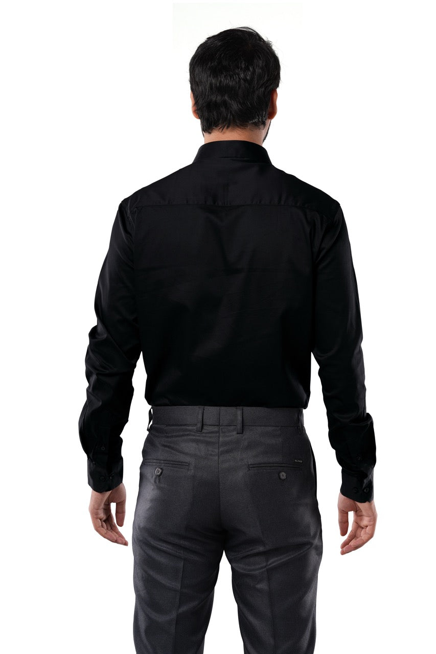 Onyx Black 98% Cotton 2% Elastane Full Sleeve Formal Shirt for Men | Tangible Luxe Satin Finish Classic Fit Black Shirt