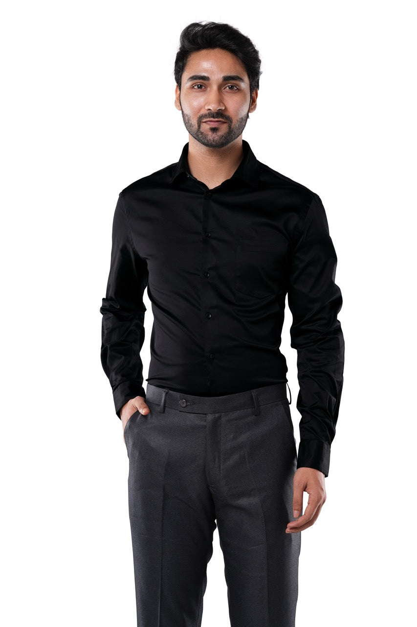 Onyx Black 98% Cotton 2% Elastane Full Sleeve Formal Shirt for Men | Tangible Luxe Satin Finish Classic Fit Black Shirt