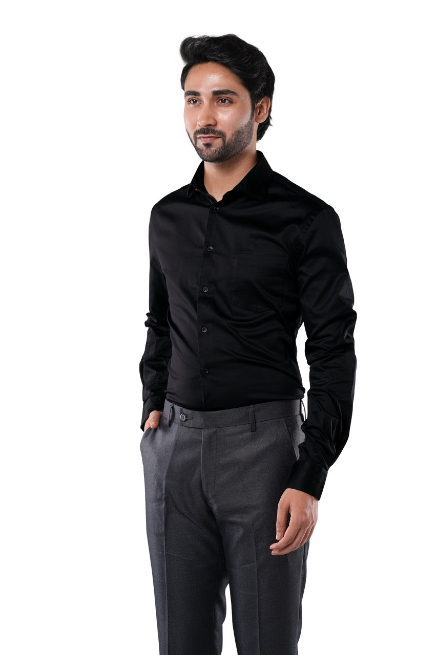 Onyx Black 98% Cotton 2% Elastane Full Sleeve Formal Shirt for Men | Tangible Luxe Satin Finish Classic Fit Black Shirt