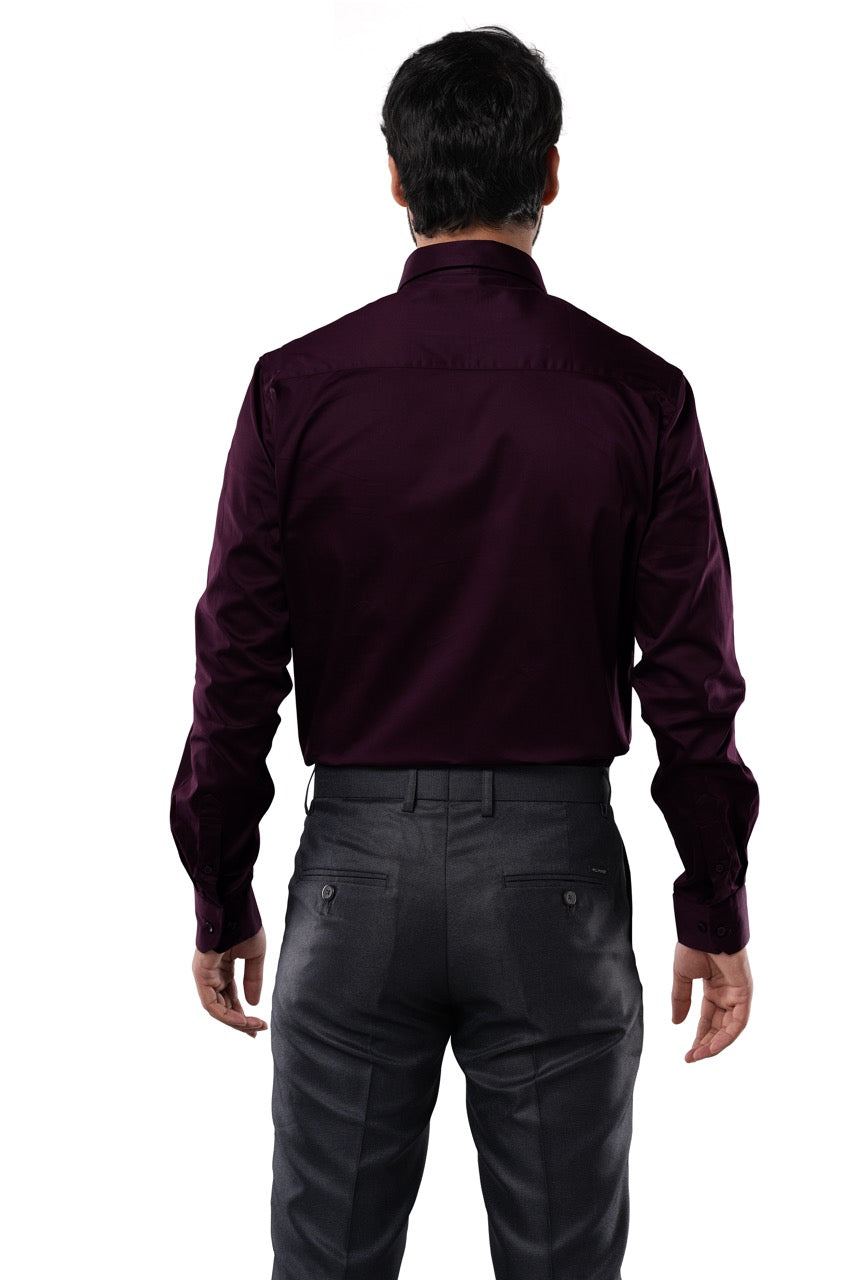 Merlot Plum 98% Cotton 2% Elastane Full Sleeve Formal Shirt for Men | Tangible Luxe Satin Finish Classic Fit Shirt