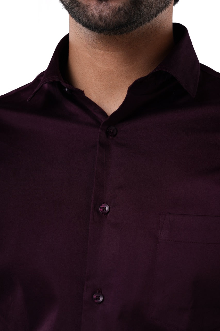 Merlot Plum 98% Cotton 2% Elastane Full Sleeve Formal Shirt for Men | Tangible Luxe Satin Finish Classic Fit Shirt