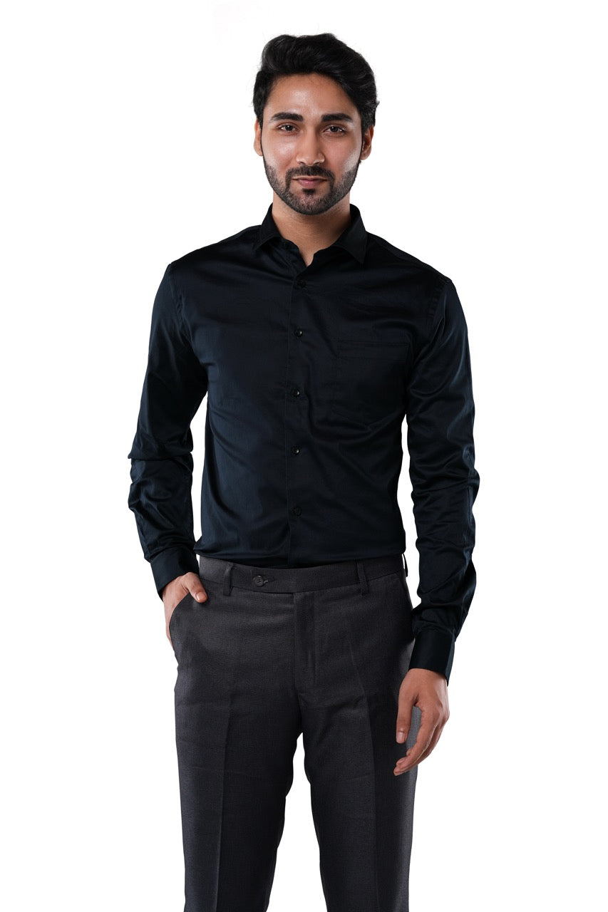 Midnight Navy 98% Cotton 2% Elastane Full Sleeve Formal Shirt for Men | Tangible Luxe Satin Finish Classic Fit Shirt
