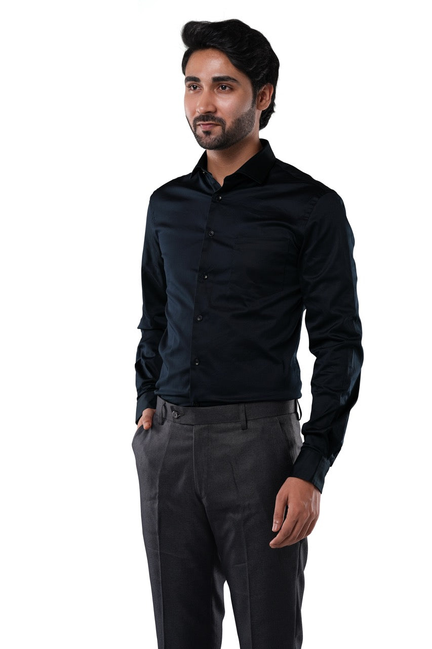 Midnight Navy 98% Cotton 2% Elastane Full Sleeve Formal Shirt for Men | Tangible Luxe Satin Finish Classic Fit Shirt