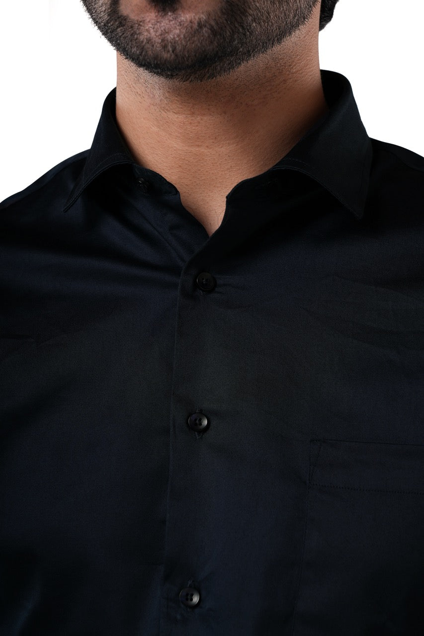 Midnight Navy 98% Cotton 2% Elastane Full Sleeve Formal Shirt for Men | Tangible Luxe Satin Finish Classic Fit Shirt