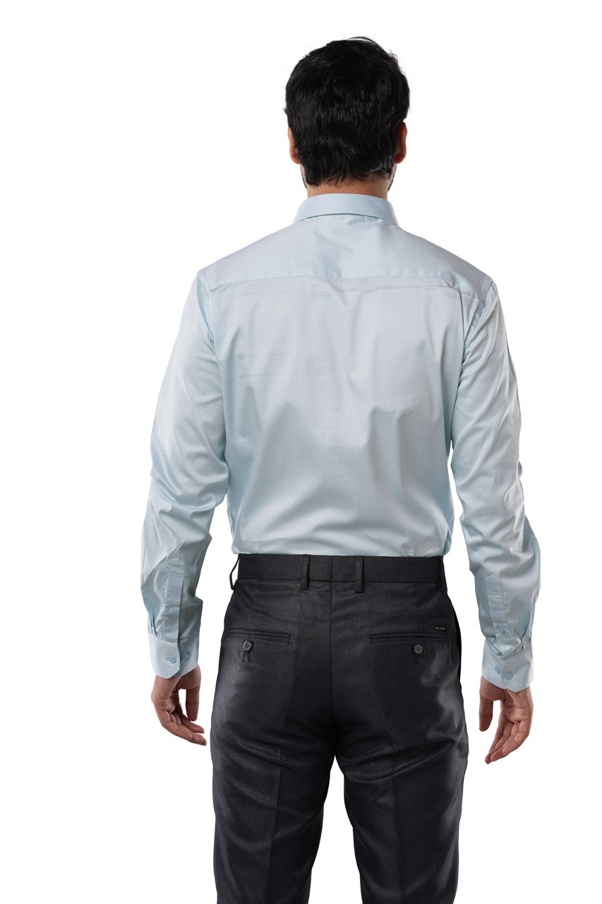 Mist Blue 98% Cotton 2% Elastane Full Sleeve Formal Shirt for Men | Tangible Luxe Satin Finish Classic Fit Shirt
