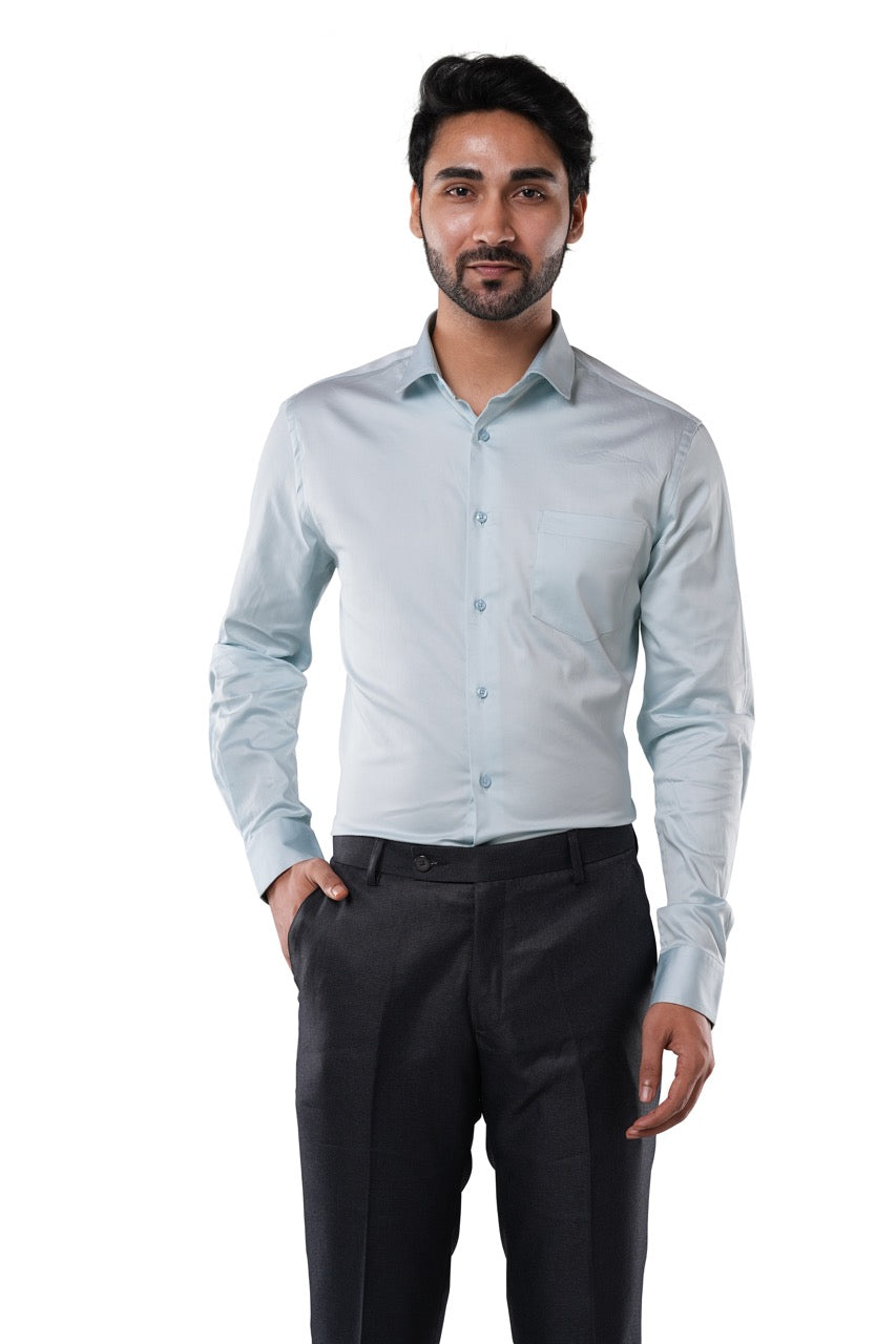 Mist Blue 98% Cotton 2% Elastane Full Sleeve Formal Shirt for Men | Tangible Luxe Satin Finish Classic Fit Shirt