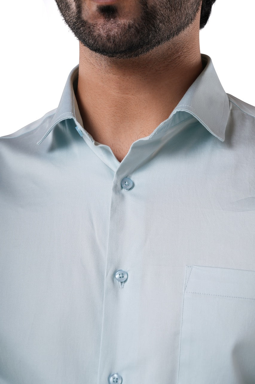 Mist Blue 98% Cotton 2% Elastane Full Sleeve Formal Shirt for Men | Tangible Luxe Satin Finish Classic Fit Shirt