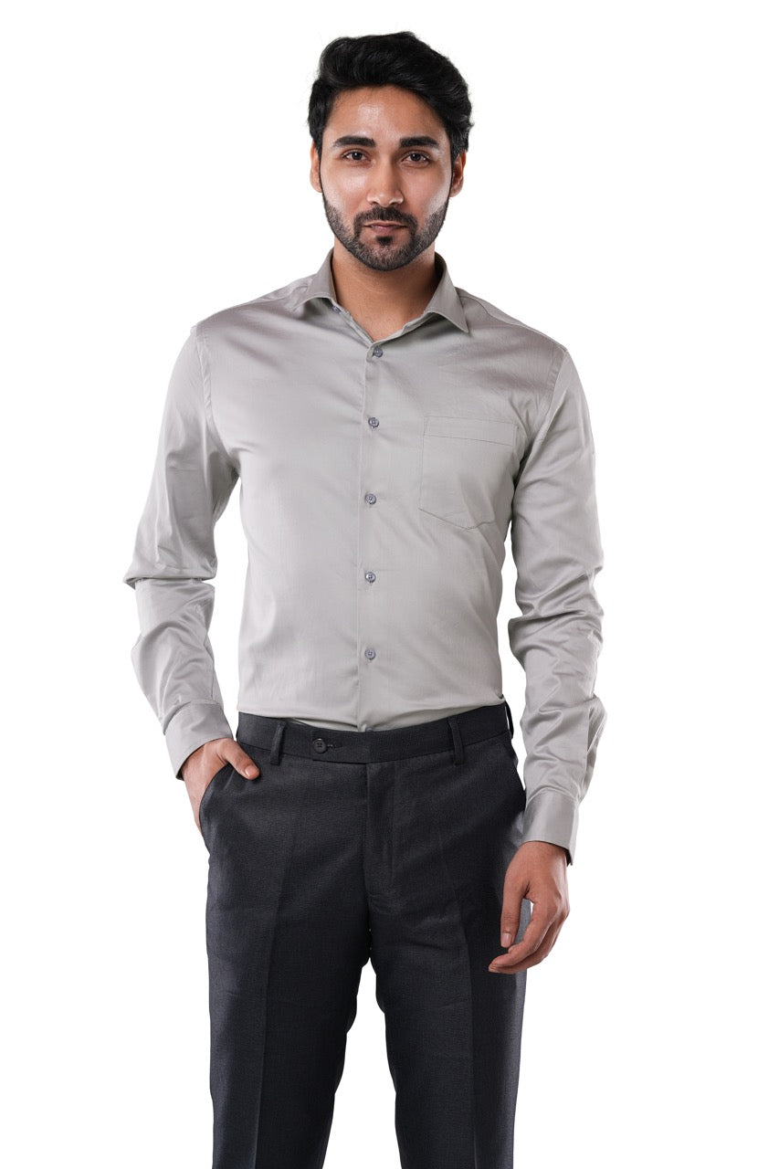 Stone Taupe 98% Cotton 2% Elastane Full Sleeve Formal Shirt for Men | Tangible Luxe Satin Finish Classic Fit Shirt