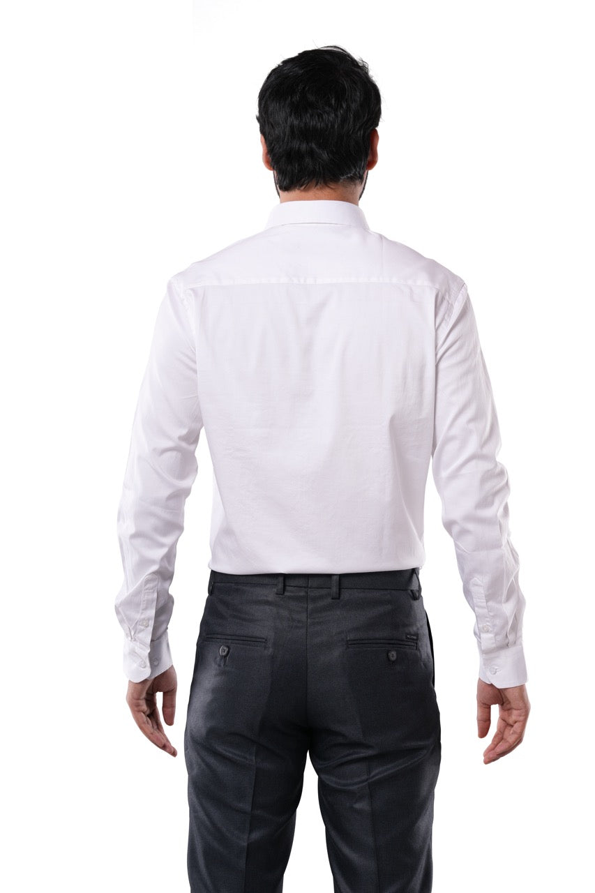 Pearl White 98% Cotton 2% Elastane Full Sleeve Formal Shirt for Men | Tangible Luxe Satin Finish Classic Fit Shirt