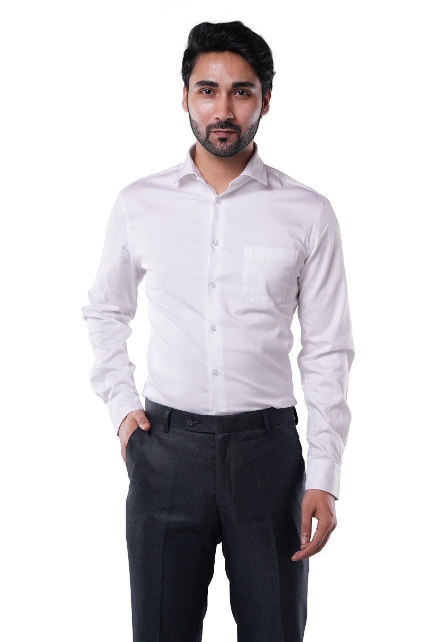 Pearl White 98% Cotton 2% Elastane Full Sleeve Formal Shirt for Men | Tangible Luxe Satin Finish Classic Fit Shirt