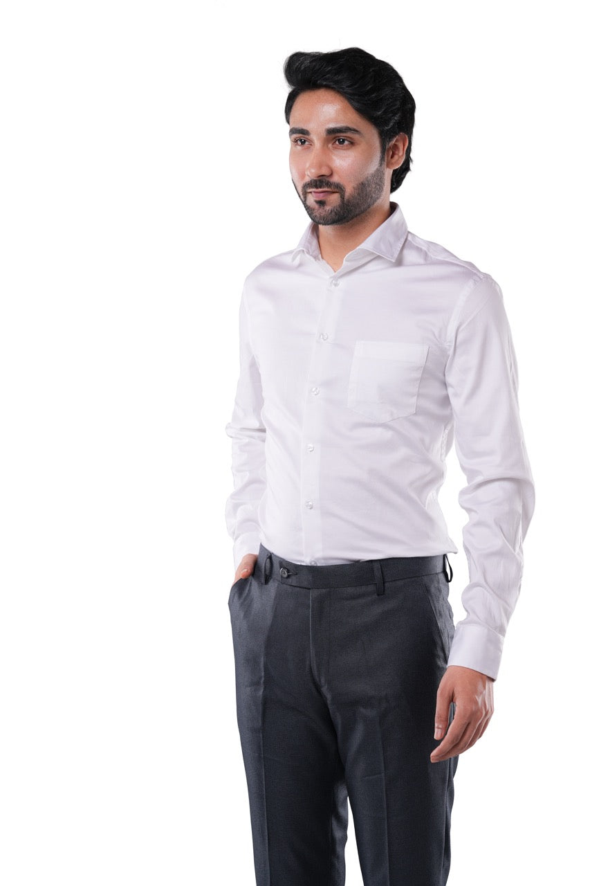 Pearl White 98% Cotton 2% Elastane Full Sleeve Formal Shirt for Men | Tangible Luxe Satin Finish Classic Fit Shirt