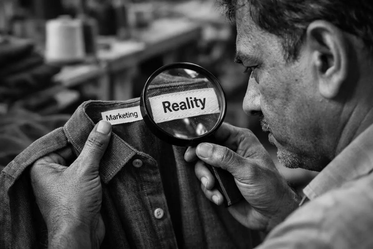 Person holding a magnifying glass over a label on a shirt with the word 'Reality'.