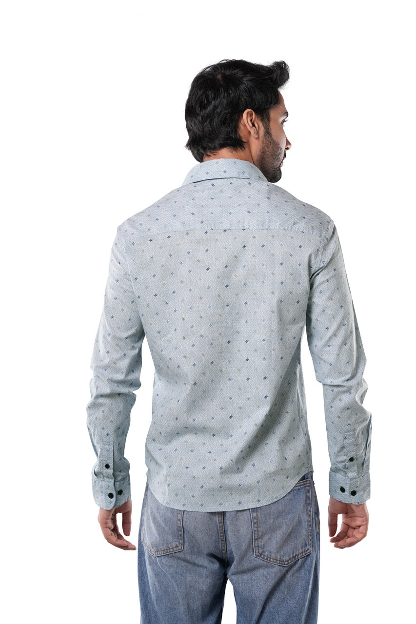 Mist Blue 100% Cotton Grid Print Shirt for Men | Tangible Artisan Slub Casual Classic Fit