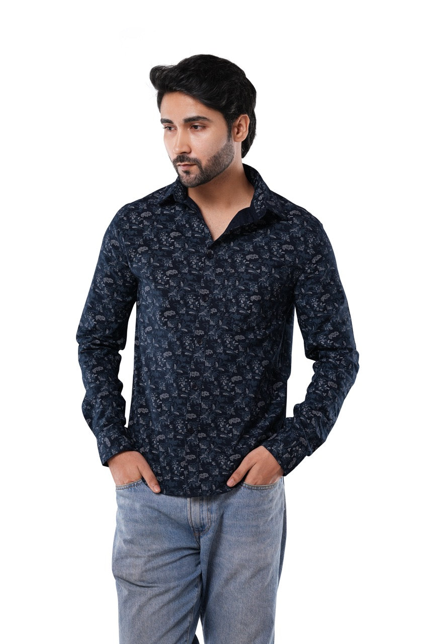 Deep Indigo 100% Cotton Navy Blue Floral Print Shirt for Men | Riviera Slub Casual Classic Fit Floral Shirt