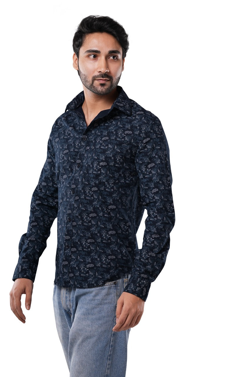Deep Indigo 100% Cotton Navy Blue Floral Print Shirt for Men | Riviera Slub Casual Classic Fit Floral Shirt
