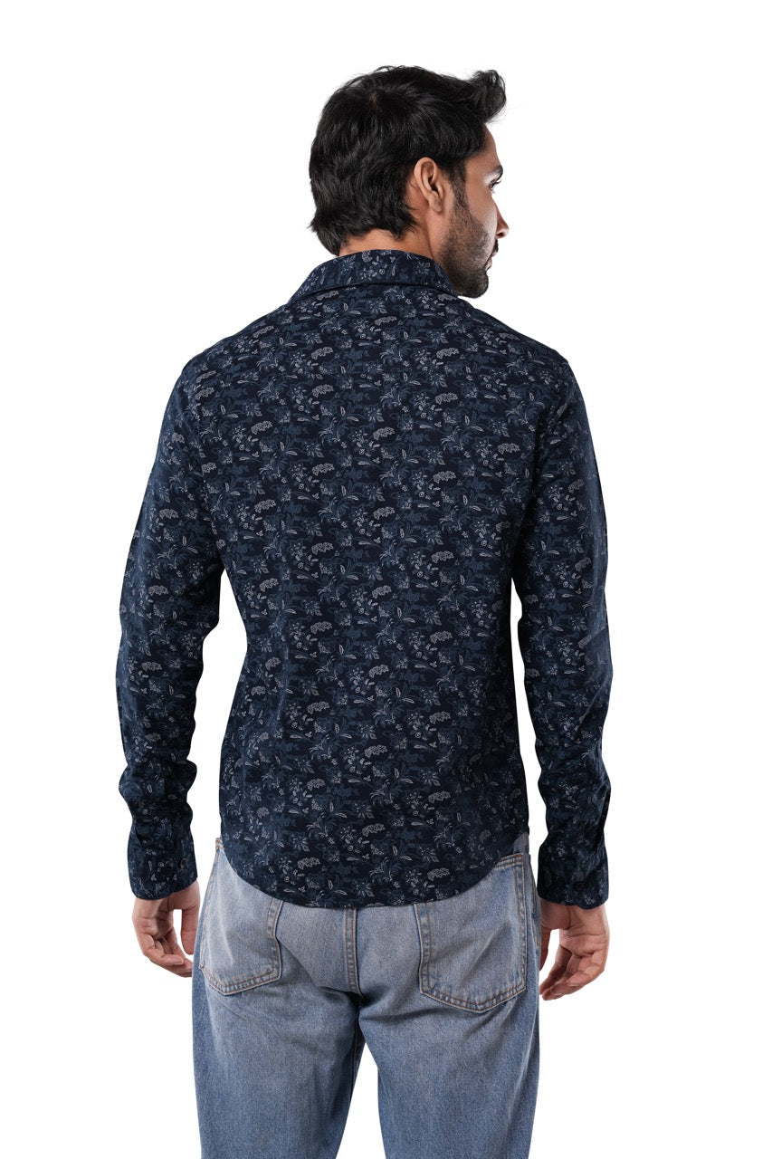 Deep Indigo 100% Cotton Navy Blue Floral Print Shirt for Men | Riviera Slub Casual Classic Fit Floral Shirt