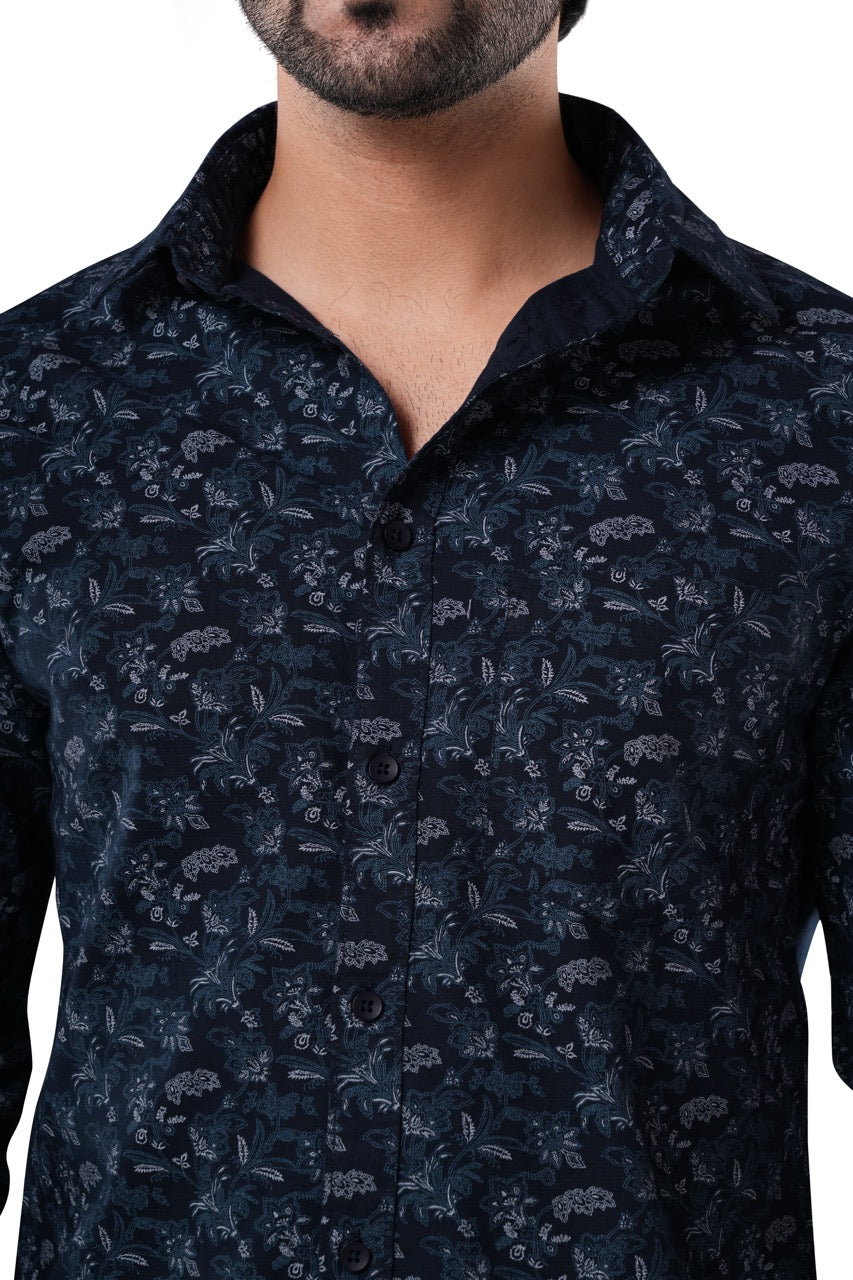Deep Indigo 100% Cotton Navy Blue Floral Print Shirt for Men | Riviera Slub Casual Classic Fit Floral Shirt