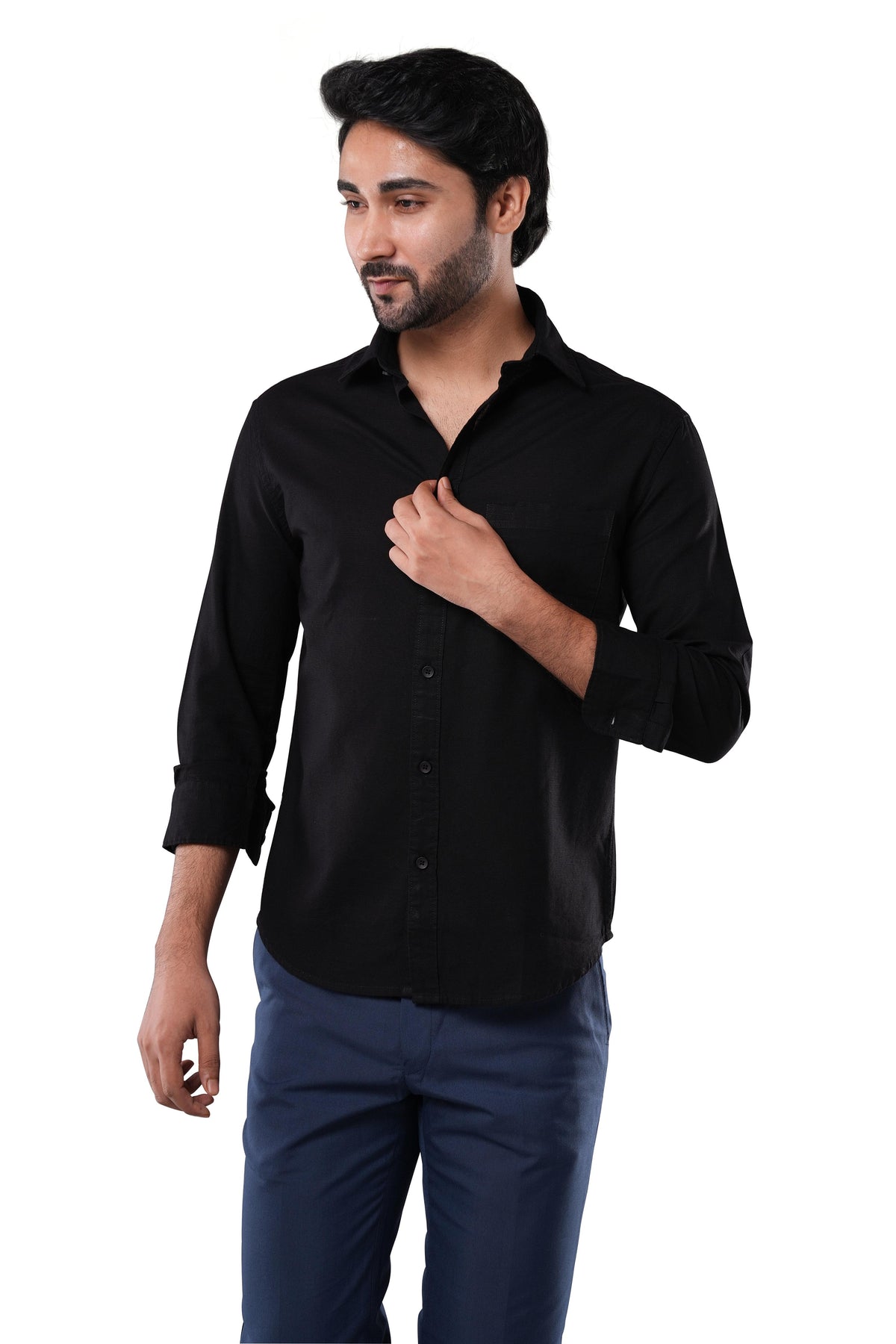 Midnight Black 100% Slub Cotton Shirt for Men | Tangible Pure Cotton Casual Classic Fit