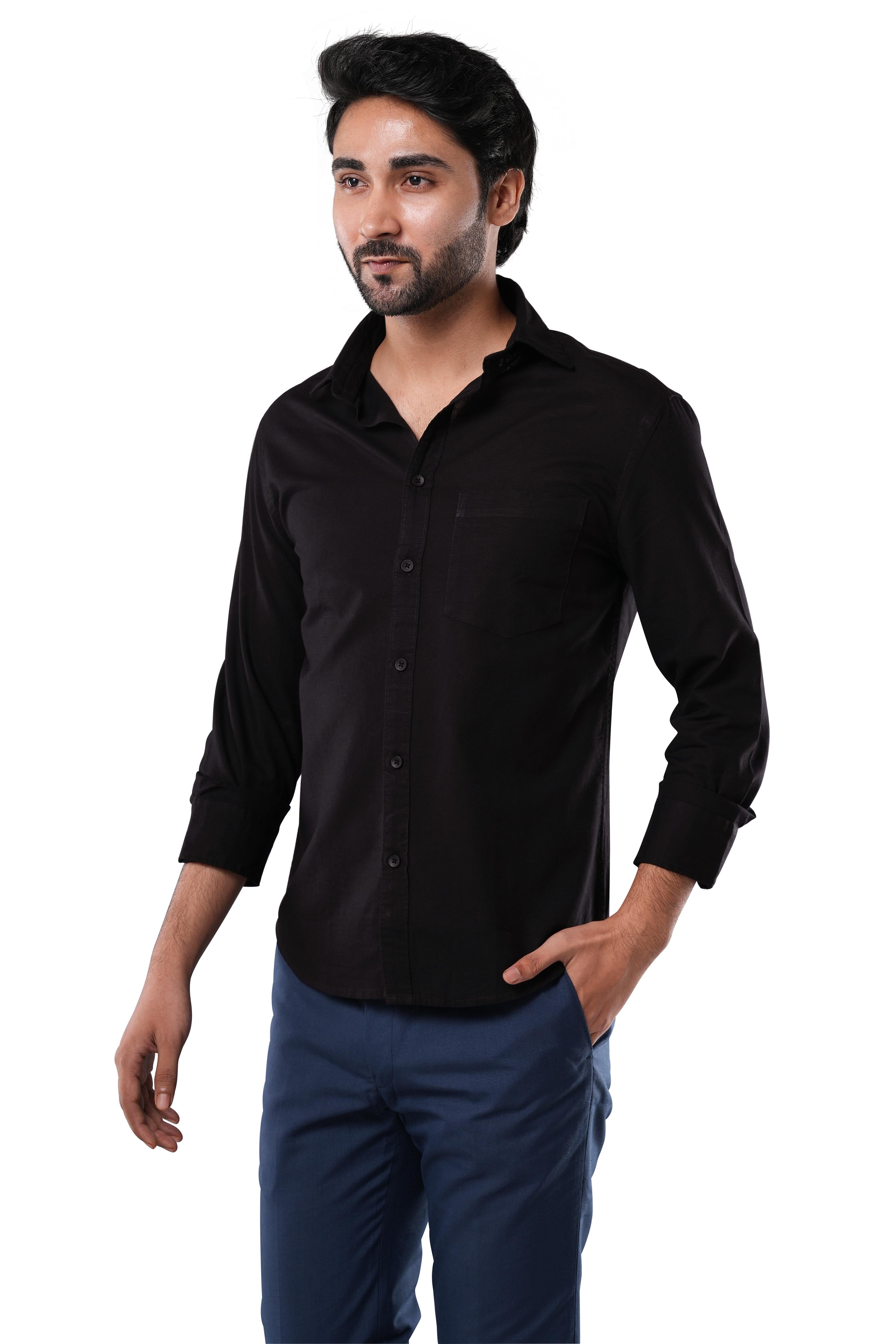 Midnight Black 100% Slub Cotton Shirt for Men | Tangible Pure Cotton Casual Classic Fit