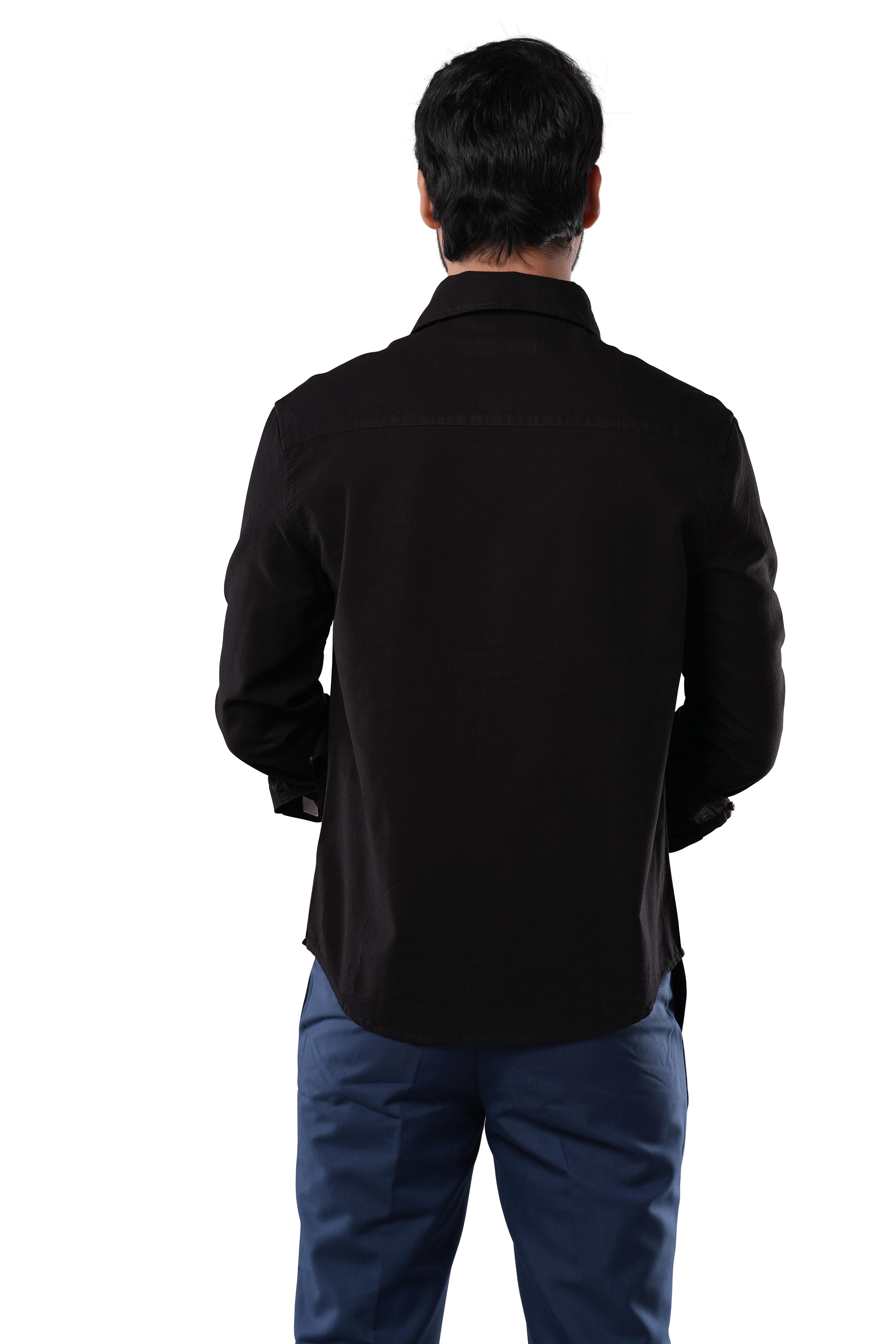 Midnight Black 100% Slub Cotton Shirt for Men | Tangible Pure Cotton Casual Classic Fit