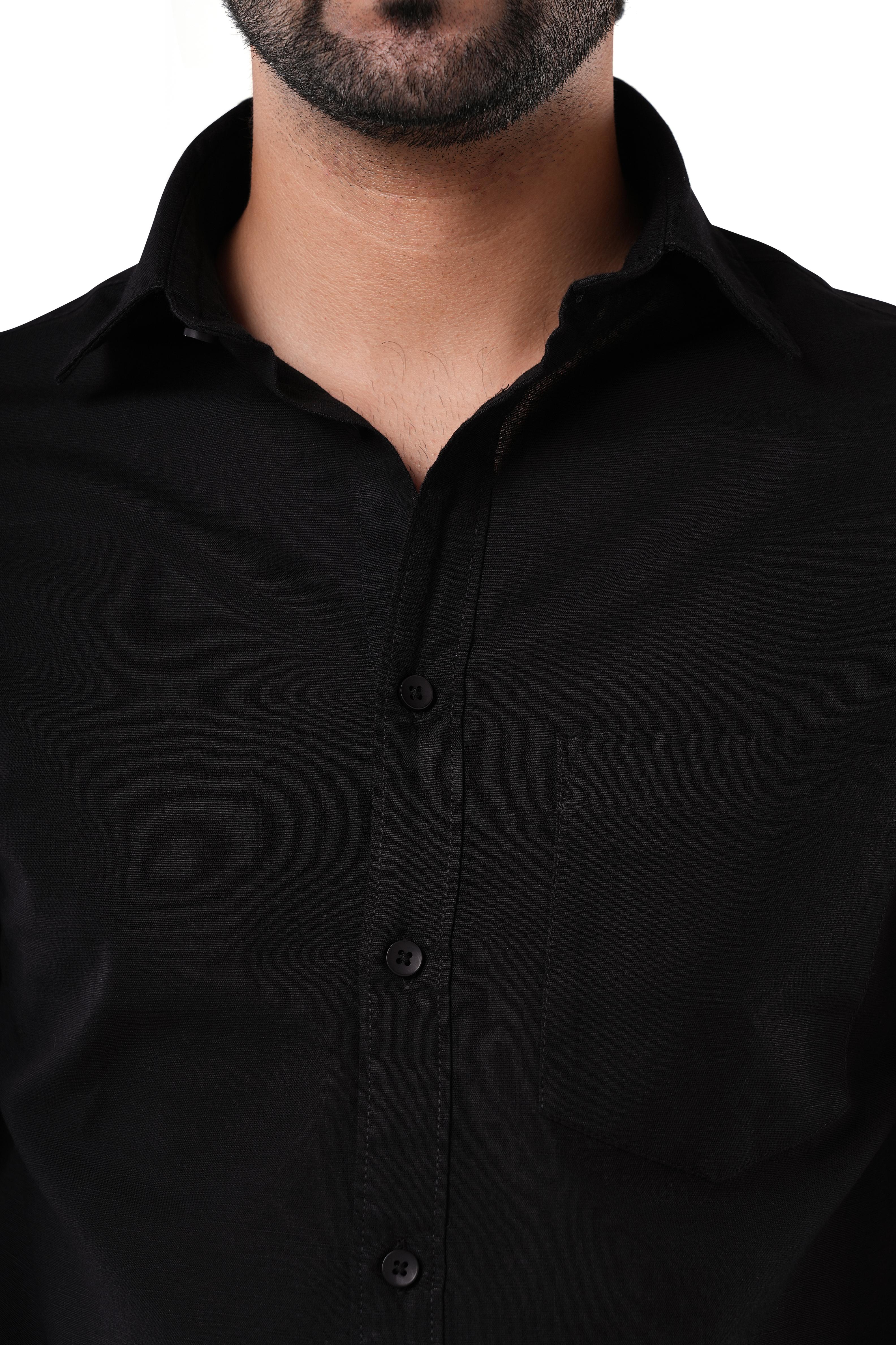 Midnight Black 100% Slub Cotton Shirt for Men | Tangible Pure Cotton Casual Classic Fit