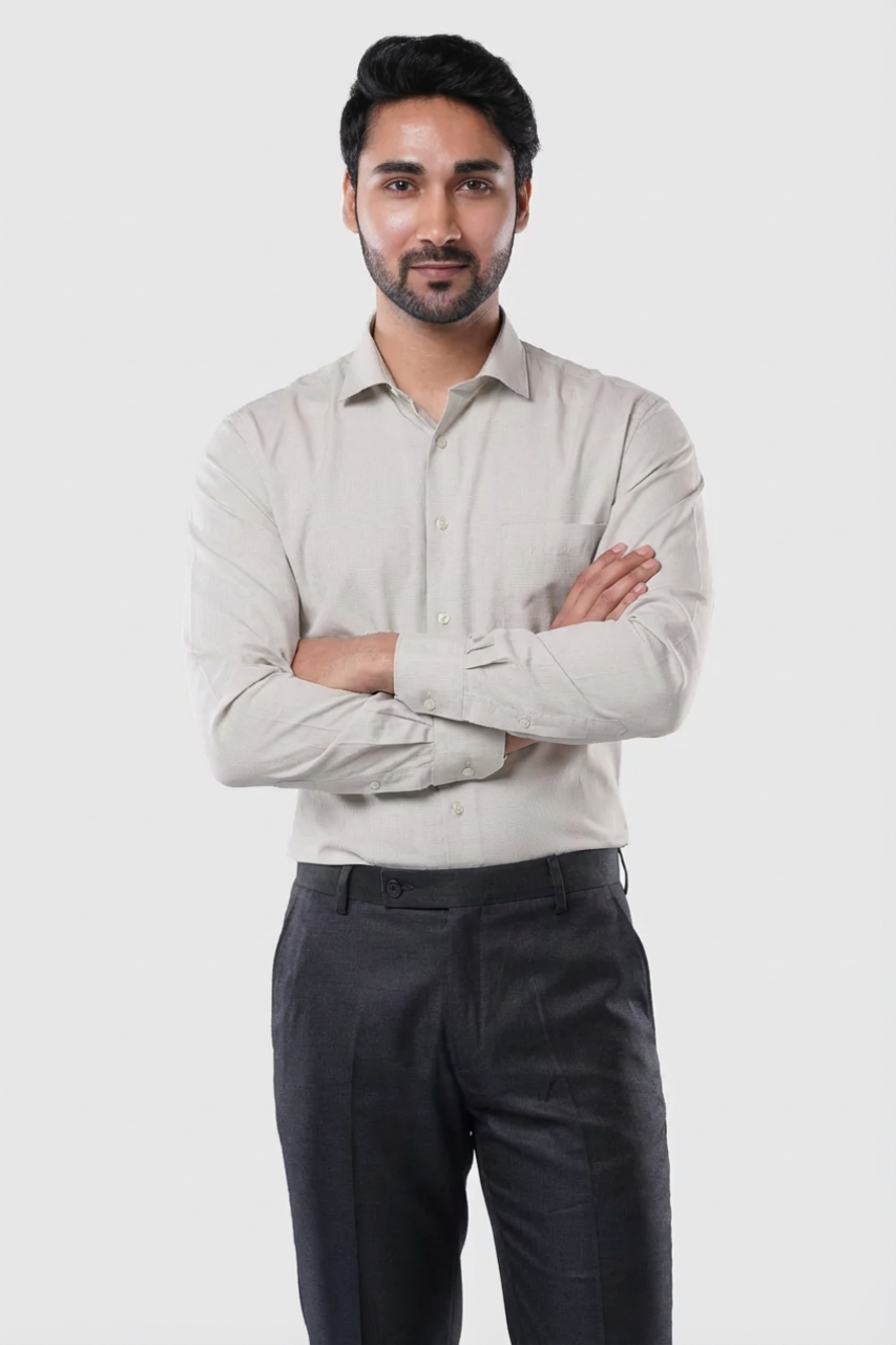 Olive Mist 80% Poly 20% Cotton Full Sleeve Formal Shirt for Men | Refined Micro Checks Classic Fit Classic Shirt